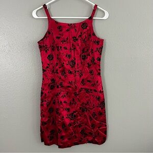 VTG 90s Byer Too! Red Satin Black Velvet Floral Boat Neck Sleeveless Dress Sz 3